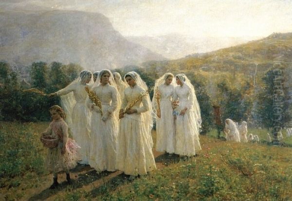 Jeunes filles se rendant a la procession - view 1