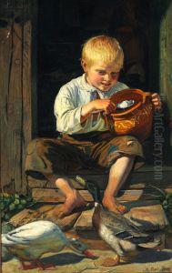 A boy feeding the ducks