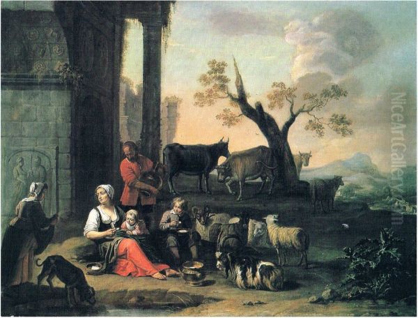 A shepherd family resting by classical ruins - view 1