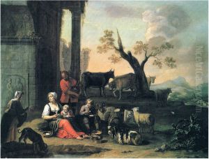 A shepherd family resting by classical ruins by Abraham Willemsens