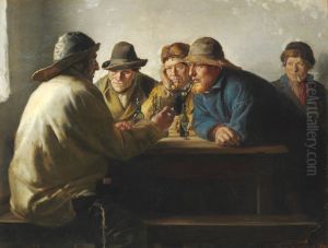 Fiskere omkring et bord drikker en fyraftensol by Michael Peter Ancher
