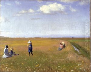 Children and young girls picking flowers in a field north of Skagen