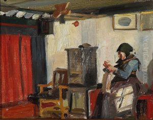 Interior with a woman knitting by the stove.