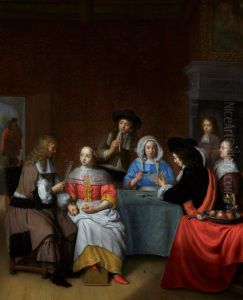 An interior with an elegant company playing cards by Abraham van Dijck