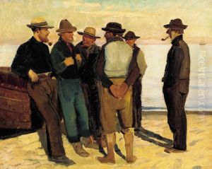 Fiskere ved stranden en stille sommeraften. Studie (2)