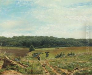 Danish summer landscape with firewood gatherers. by Georg Achen