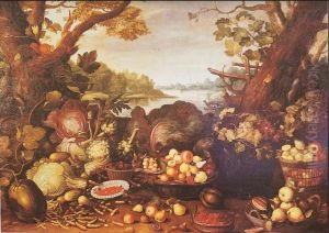 Fruit bowl, basket, vegetables and a squirrel