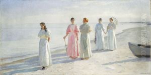 Pigerne pa stranden. Sostrene Holst pa Skagen Sonderstrand. by Michael Peter Ancher