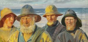 Fire fiskere i solskin pa Skagen Strand by Michael Peter Ancher
