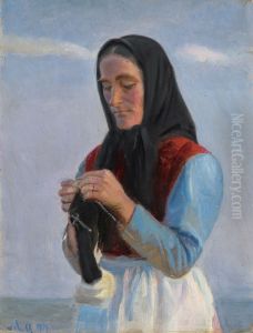 A woman knitting at the beach.