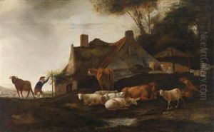 A Landscape With Cattle Grazing By Afarmhouse A Landscape With Cattle Grazing By Afarmhouse