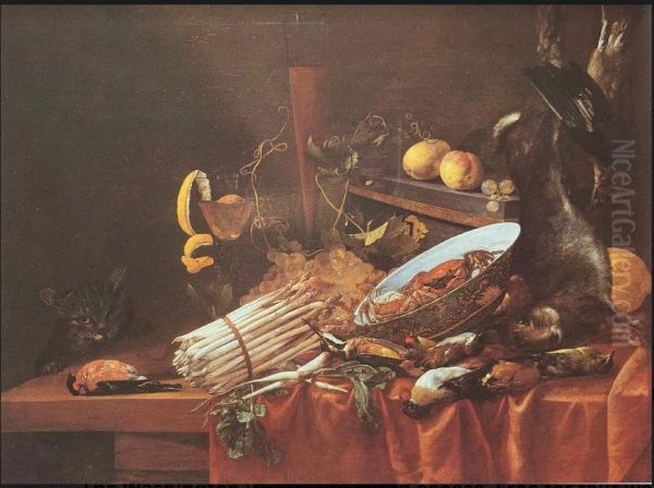 Game, shellfish, fruit and asparagus with a cat - view 1