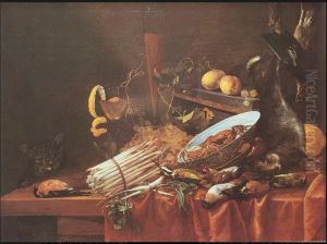 Game, shellfish, fruit and asparagus with a cat