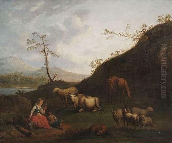 Herdsmen With Their Flock In A River Landscape. - view 1
