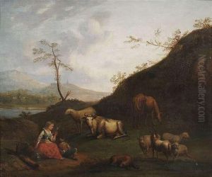 Herdsmen With Their Flock In A River Landscape.