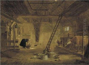 A Barn Interior With Four Cows, A Milk Maid Cleaning A Pot, Andearthenware Pots In The Foreground