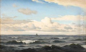 Seascape with two ships on the horizon.