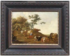 Kuhmelkende Frau Mit Ihrer Herde Vor Einer Bauernkate by Govert Dircksz. Camphuysen