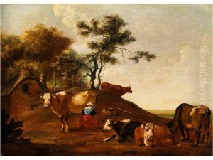 Bauerin Beim Melken In Hugeligerlandschaft Neben Weiteren Kuhen by Joachim Govertsz. Camphuysen