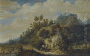A Mountainous Landscape With Figures Walking Along A Path With Ahorse And Cart by Joachim Govertsz. Camphuysen