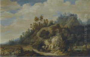 A Mountainous Landscape With Figures Walking Along A Path With A Horse And Cart by Joachim Govertsz. Camphuysen