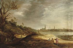 A River Landscape With Farmers Harvesting, A 'capriccio' Of Antwerp In The Distance by Joachim Govertsz. Camphuysen