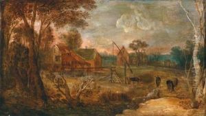Paesaggio Boschivo Con Case Coloniche E Mucche by Joachim Govertsz. Camphuysen