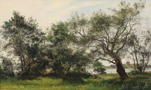 Udsigt gennem traeer set mod Kalo slotsruin by Janus Andreas Bartholin La Cour