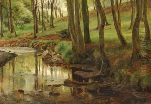 A stream running through the woods at Moesgaard, Denmark. by Janus Andreas Bartholin La Cour