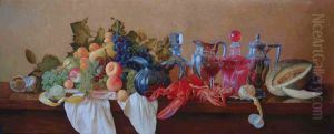 Stilleben mit Lobster. Holz mit Kreidegrund, Ol. 48 x 120 cm
