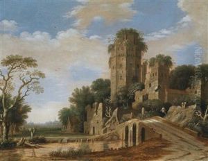 Castle Ruins In A River Landscape With Fishermen by Rafael Govertsz. Camphuysen
