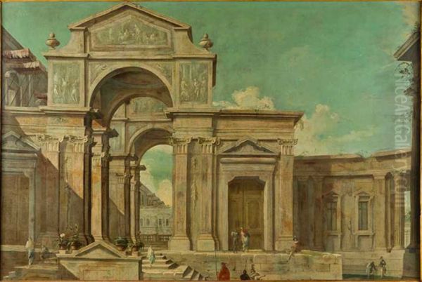 Architectural capriccio with monumental building in the central arch surmounted by a pediment and bystanders in stylish clothes going for a walk - view 1
