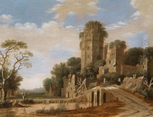 Castle Ruins In A River Landscape Withfishermen by Rafael Govertsz. Camphuysen