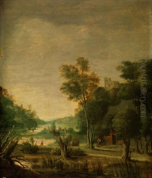 Flusslandschaft Mit Jungen Baumen Und Kruppelweiden Am Ufer Sowie Figurenstaffage Und Einer Burgruine - view 1