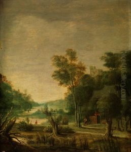 Flusslandschaft Mit Jungen Baumen Und Kruppelweiden Am Ufer Sowie Figurenstaffage Und Einer Burgruine