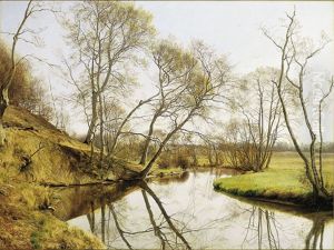 Springtime at the stream Skovmolleaen, Denmark. by Janus Andreas Bartholin La Cour