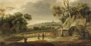 A Wooded Landscape With Figures Conversing Near A Farm, And Travellers On A Path, A Village Beyond by Rafael Govertsz. Camphuysen