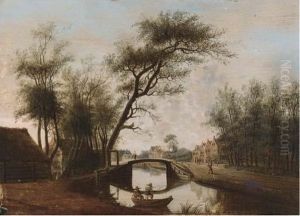 A River Landscape With A Fisherman In A Boat Before A Bridge, Atown Beyond by Rafael Govertsz. Camphuysen