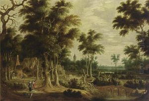 A Wooded River Landscape With An Elegant Couple On A Path, And Fishermen Near A Bridge, A Village Nearby by Rafael Govertsz. Camphuysen