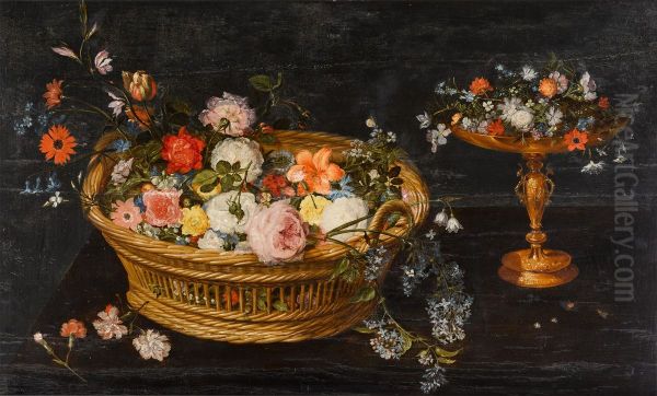Still life with flowers in a basket and in a gilt tazza - view 1