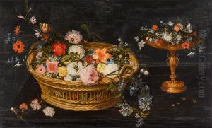 Still life with flowers in a basket and in a gilt tazza by Jan Brueghel the Younger