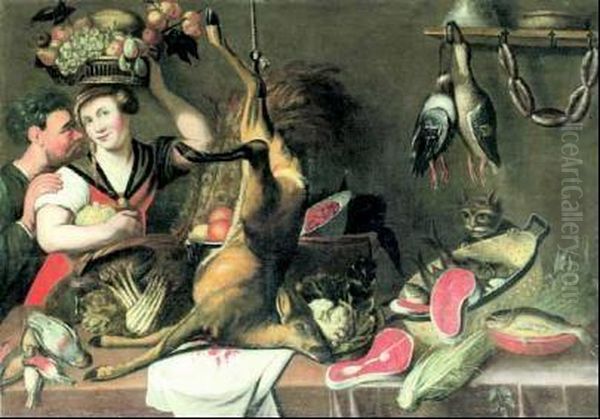 Interno Di Dispensa Con Cacciagione, Pesci, Ortaggi, Salumi, Frutta E Due Figure - view 1