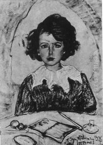 Portret Bozeny Stainborm, z przyborami szkolnymi by Stanislaw Ignacy Witkiewicz (Witkacy)