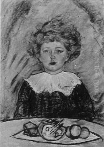 A portrait of Elzbieta Joanna Steinborn Chorazowska, at a plate with food A portrait of Elzbieta Joanna Steinborn Chorazowska, at a plate with food