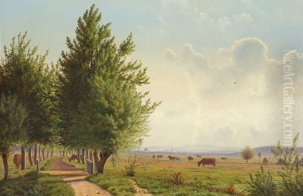 Summer landscape with cows grazing and an avenue. - view 1