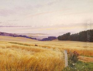 People strolling through a summer landscape as evening falls. by Vilhelm Kyhn