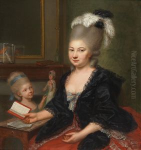Portrait of a mother and her child reading Rousseau's "Emile" in an elegant interior by Franz Peter Kymli