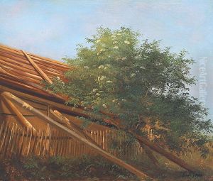 Garden view with logs, a fence and a tree.