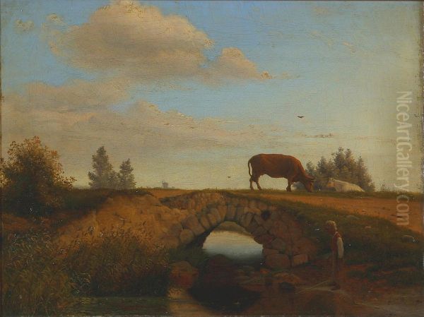 A boy standing at a river with cows in the background. - view 1