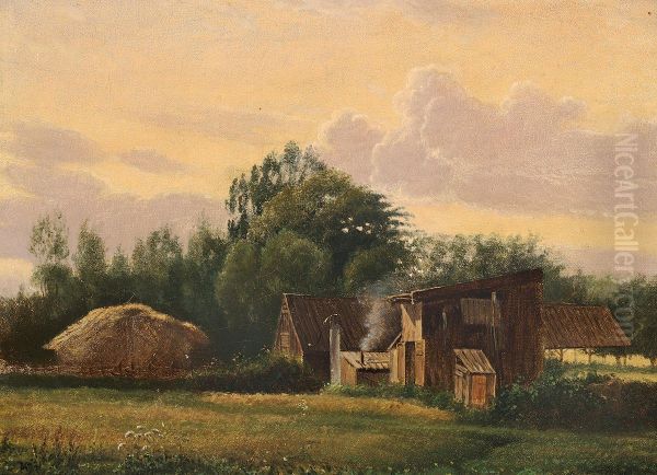 Evening landscape with sheds and trees. - view 1